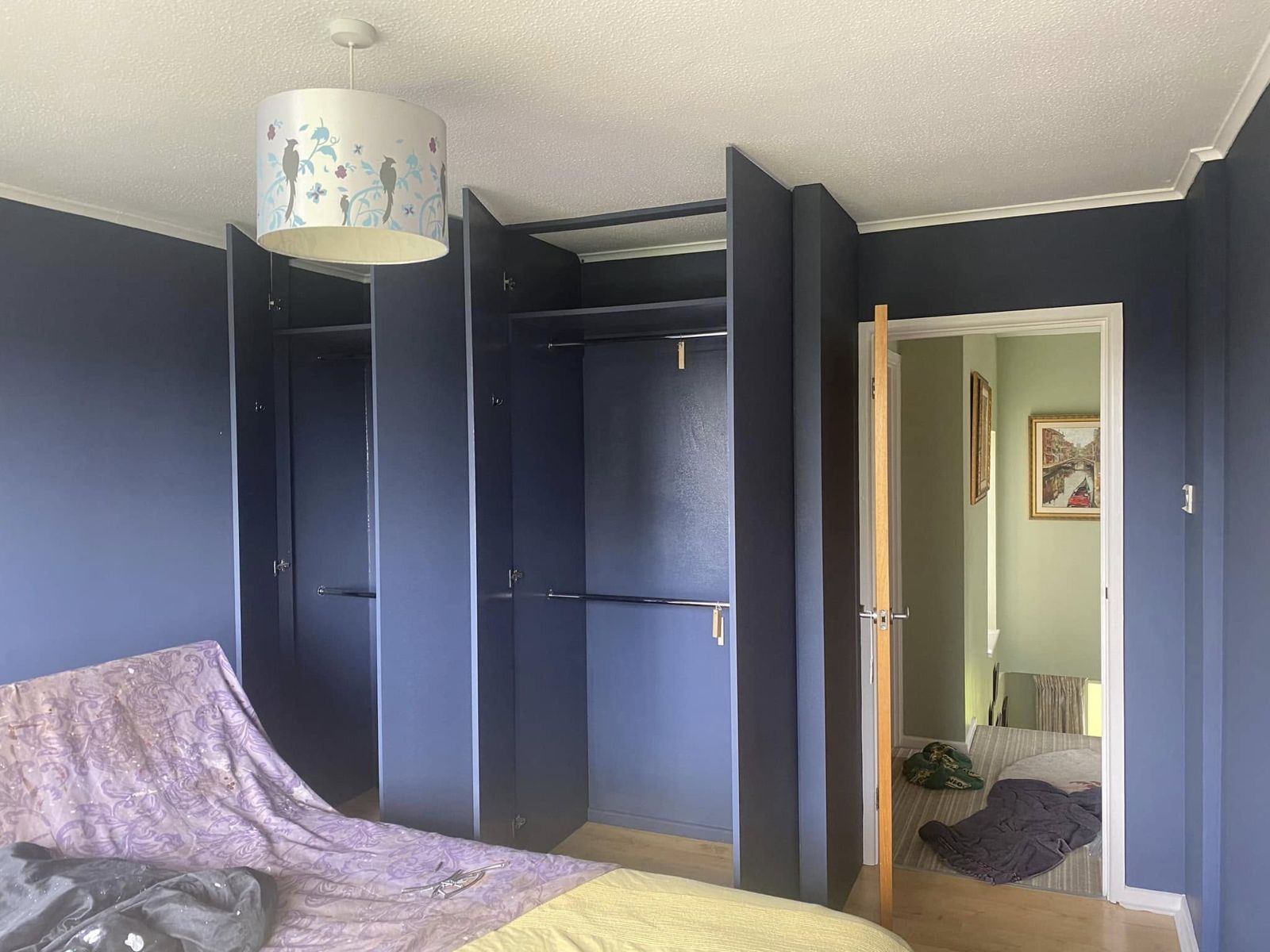 Navy bedroom wall with fitted wardrobes and a doorway through to a sage room