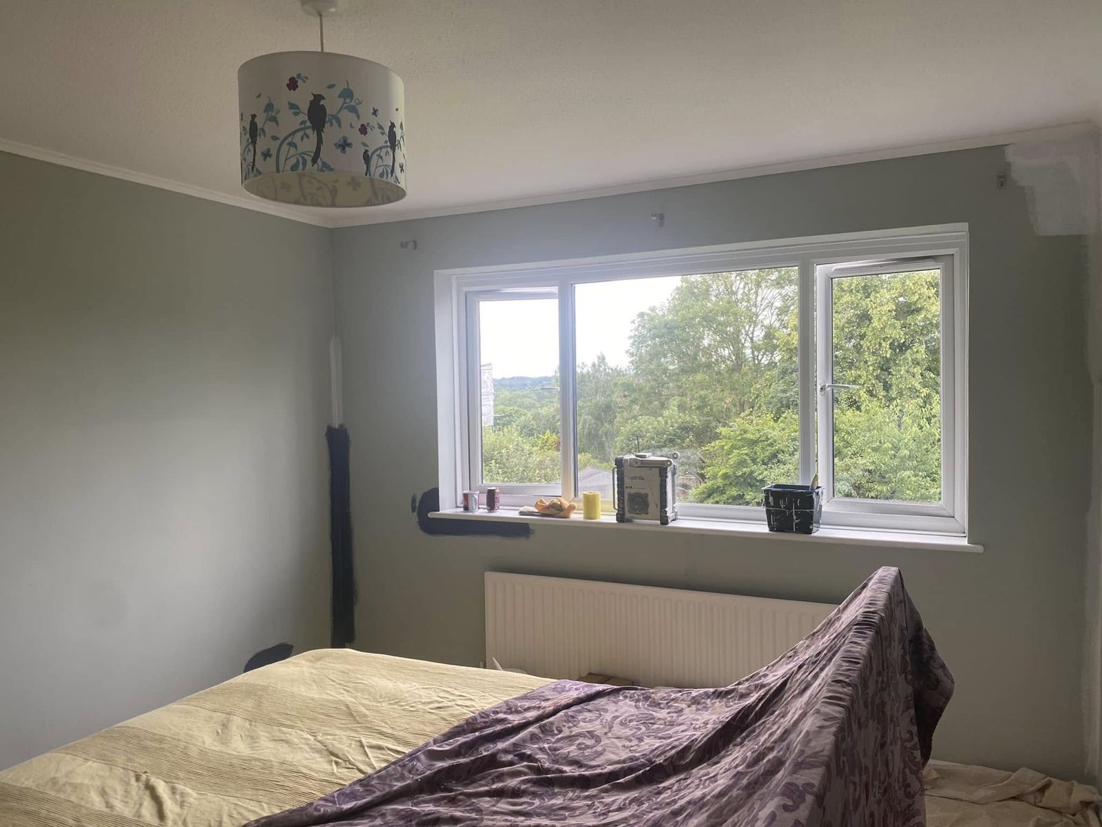 Sage-green bedroom wall with a window onto trees